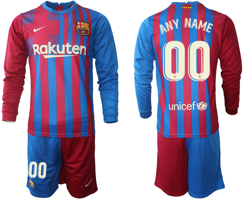 Men 2021-2022 Club Barcelona home red blue Long Sleeve customized Nike Soccer Jersey->customized soccer jersey->Custom Jersey